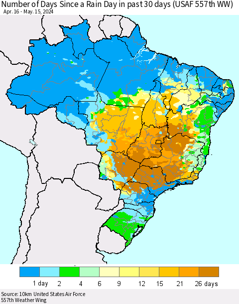 Brazil Number of Days Since a Rain Day in past 30 days (USAF 557th WW) Thematic Map For 5/11/2024 - 5/15/2024