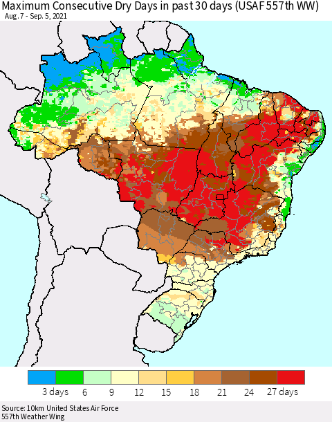 Brazil Maximum Consecutive Dry Days in past 30 days (USAF 557th WW) 09/05/2021 Thematic Map For 9/1/2021 - 9/5/2021
