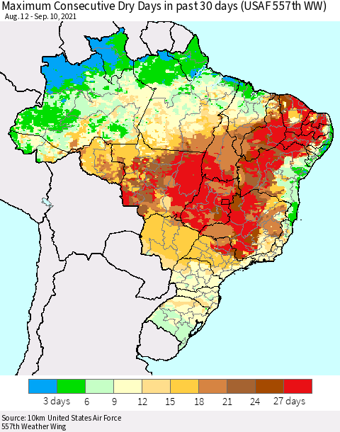 Brazil Maximum Consecutive Dry Days in past 30 days (USAF 557th WW) 09/10/2021 Thematic Map For 9/6/2021 - 9/10/2021