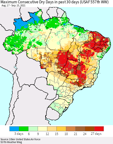 Brazil Maximum Consecutive Dry Days in past 30 days (USAF 557th WW) 09/15/2021 Thematic Map For 9/11/2021 - 9/15/2021