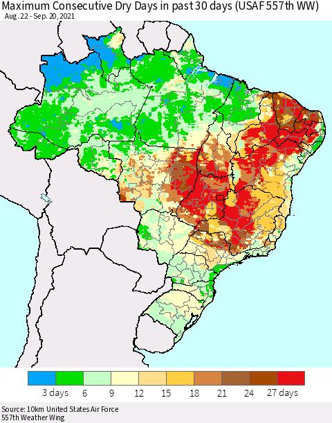 Brazil Maximum Consecutive Dry Days in past 30 days (USAF 557th WW) 09/20/2021 Thematic Map For 9/16/2021 - 9/20/2021