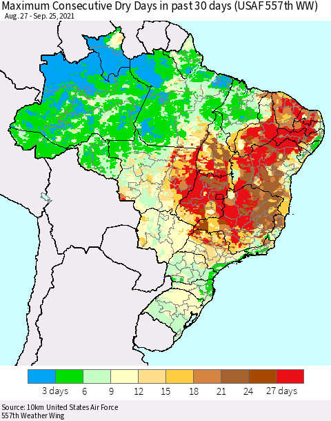Brazil Maximum Consecutive Dry Days in past 30 days (USAF 557th WW) 09/25/2021 Thematic Map For 9/21/2021 - 9/25/2021