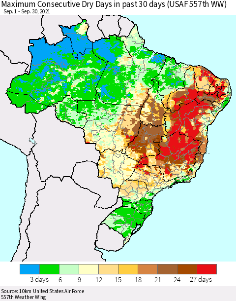 Brazil Maximum Consecutive Dry Days in past 30 days (USAF 557th WW) 09/30/2021 Thematic Map For 9/26/2021 - 9/30/2021