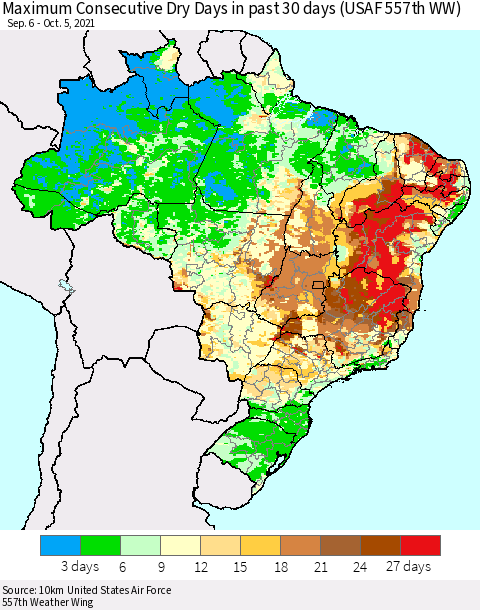 Brazil Maximum Consecutive Dry Days in past 30 days (USAF 557th WW) 10/05/2021 Thematic Map For 10/1/2021 - 10/5/2021