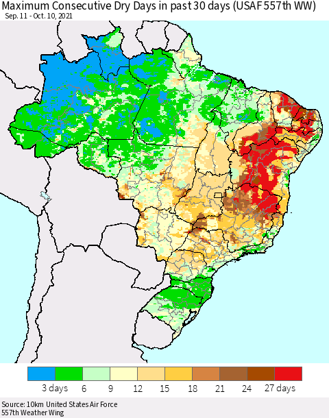 Brazil Maximum Consecutive Dry Days in past 30 days (USAF 557th WW) 10/10/2021 Thematic Map For 10/6/2021 - 10/10/2021