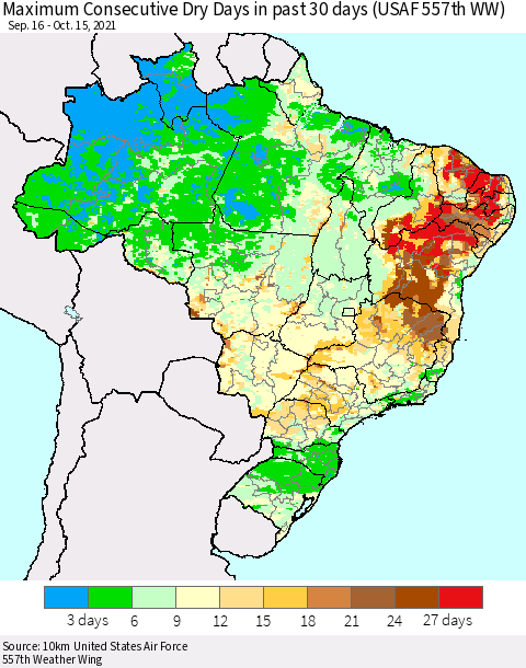 Brazil Maximum Consecutive Dry Days in past 30 days (USAF 557th WW) 10/15/2021 Thematic Map For 10/11/2021 - 10/15/2021