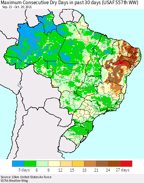 Brazil Maximum Consecutive Dry Days in past 30 days (USAF 557th WW) 10/20/2021 Thematic Map For 10/16/2021 - 10/20/2021