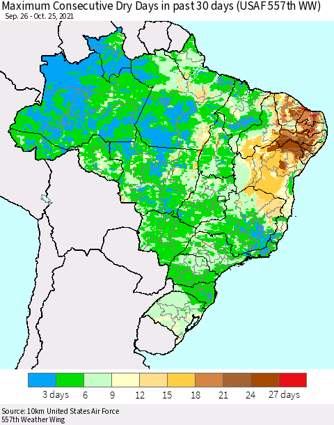 Brazil Maximum Consecutive Dry Days in past 30 days (USAF 557th WW) 10/25/2021 Thematic Map For 10/21/2021 - 10/25/2021