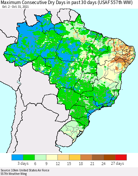 Brazil Maximum Consecutive Dry Days in past 30 days (USAF 557th WW) 10/31/2021 Thematic Map For 10/26/2021 - 10/31/2021