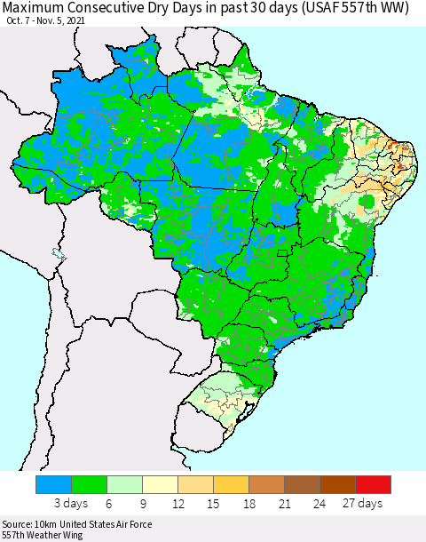 Brazil Maximum Consecutive Dry Days in past 30 days (USAF 557th WW) 11/05/2021 Thematic Map For 11/1/2021 - 11/5/2021