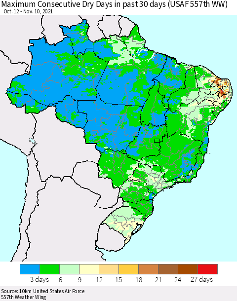 Brazil Maximum Consecutive Dry Days in past 30 days (USAF 557th WW) 11/10/2021 Thematic Map For 11/6/2021 - 11/10/2021
