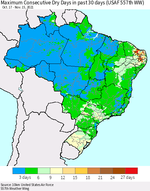 Brazil Maximum Consecutive Dry Days in past 30 days (USAF 557th WW) 11/15/2021 Thematic Map For 11/11/2021 - 11/15/2021