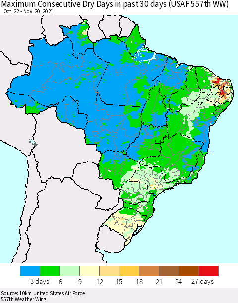 Brazil Maximum Consecutive Dry Days in past 30 days (USAF 557th WW) 11/20/2021 Thematic Map For 11/16/2021 - 11/20/2021
