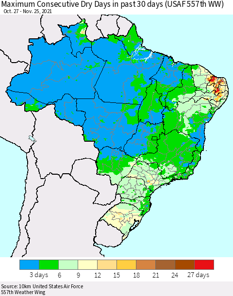 Brazil Maximum Consecutive Dry Days in past 30 days (USAF 557th WW) 11/25/2021 Thematic Map For 11/21/2021 - 11/25/2021