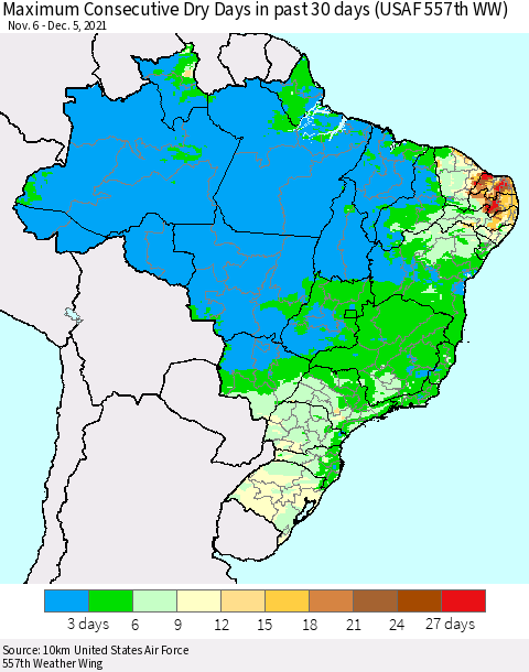 Brazil Maximum Consecutive Dry Days in past 30 days (USAF 557th WW) 12/05/2021 Thematic Map For 12/1/2021 - 12/5/2021