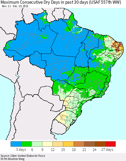 Brazil Maximum Consecutive Dry Days in past 30 days (USAF 557th WW) 12/10/2021 Thematic Map For 12/6/2021 - 12/10/2021