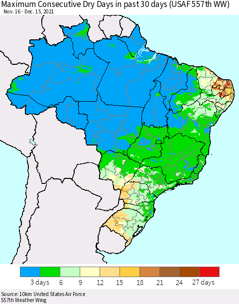 Brazil Maximum Consecutive Dry Days in past 30 days (USAF 557th WW) 12/15/2021 Thematic Map For 12/11/2021 - 12/15/2021