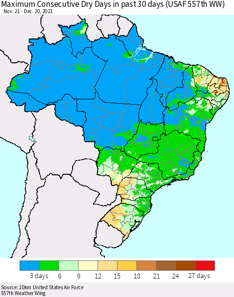 Brazil Maximum Consecutive Dry Days in past 30 days (USAF 557th WW) 12/20/2021 Thematic Map For 12/16/2021 - 12/20/2021