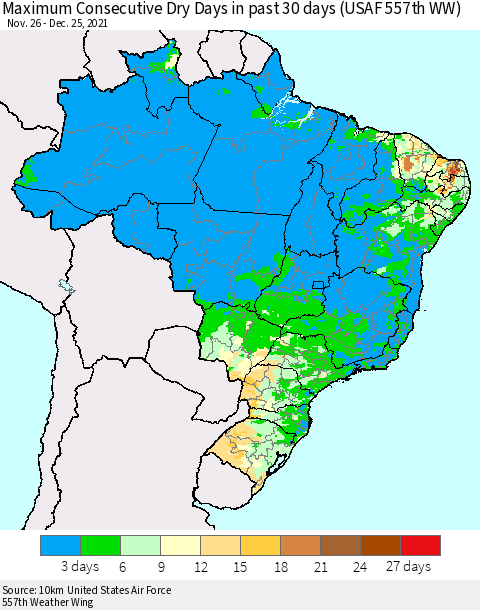 Brazil Maximum Consecutive Dry Days in past 30 days (USAF 557th WW) 12/25/2021 Thematic Map For 12/21/2021 - 12/25/2021