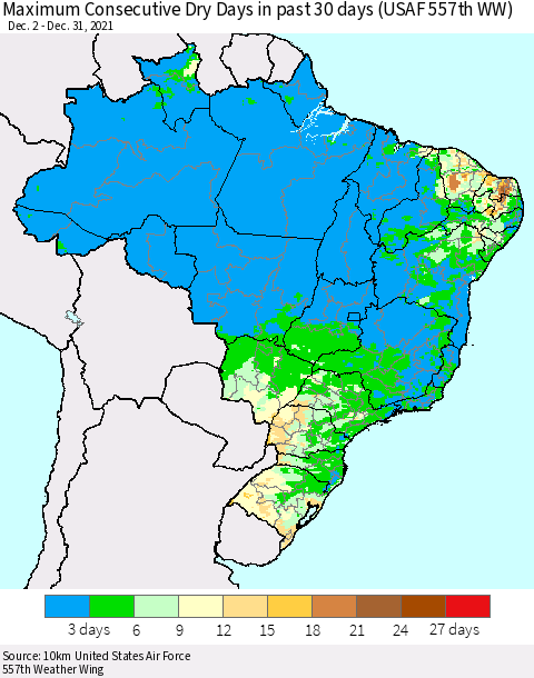 Brazil Maximum Consecutive Dry Days in past 30 days (USAF 557th WW) 12/31/2021 Thematic Map For 12/26/2021 - 12/31/2021
