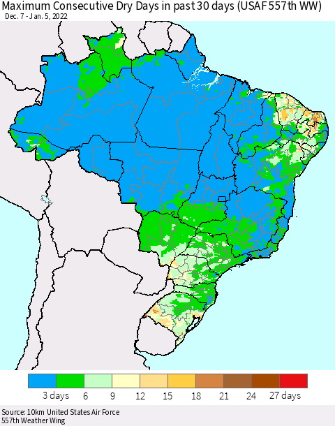 Brazil Maximum Consecutive Dry Days in past 30 days (USAF 557th WW) 01/05/2022 Thematic Map For 1/1/2022 - 1/5/2022