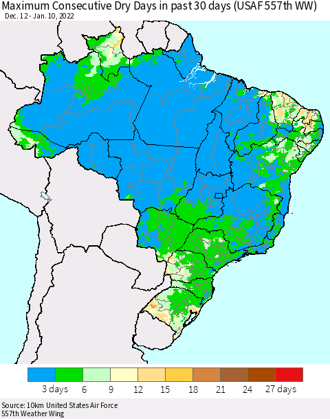 Brazil Maximum Consecutive Dry Days in past 30 days (USAF 557th WW) 01/10/2022 Thematic Map For 1/6/2022 - 1/10/2022