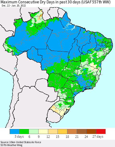 Brazil Maximum Consecutive Dry Days in past 30 days (USAF 557th WW) 01/20/2022 Thematic Map For 1/16/2022 - 1/20/2022