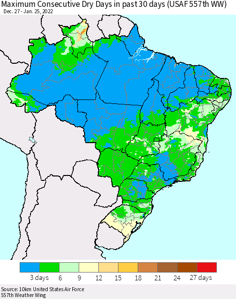 Brazil Maximum Consecutive Dry Days in past 30 days (USAF 557th WW) 01/25/2022 Thematic Map For 1/21/2022 - 1/25/2022