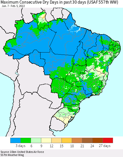 Brazil Maximum Consecutive Dry Days in past 30 days (USAF 557th WW) 02/05/2022 Thematic Map For 2/1/2022 - 2/5/2022