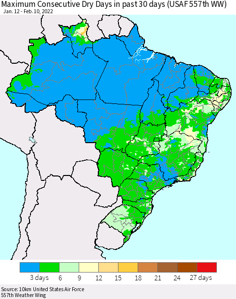 Brazil Maximum Consecutive Dry Days in past 30 days (USAF 557th WW) 02/10/2022 Thematic Map For 2/6/2022 - 2/10/2022
