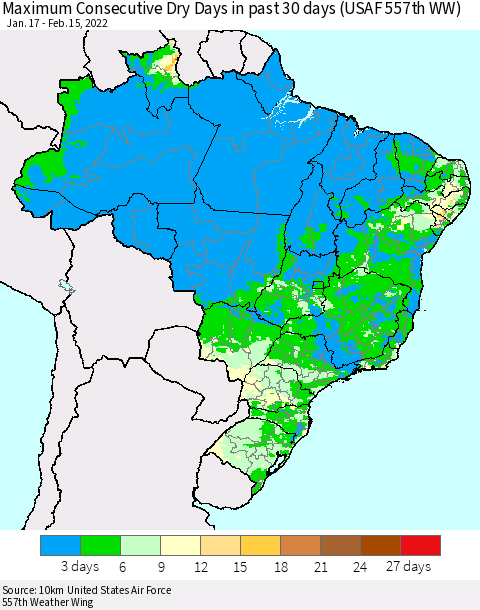Brazil Maximum Consecutive Dry Days in past 30 days (USAF 557th WW) 02/15/2022 Thematic Map For 2/11/2022 - 2/15/2022