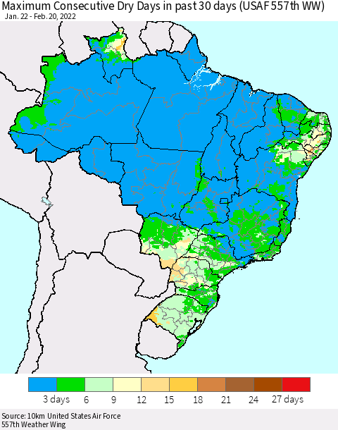 Brazil Maximum Consecutive Dry Days in past 30 days (USAF 557th WW) 02/20/2022 Thematic Map For 2/16/2022 - 2/20/2022