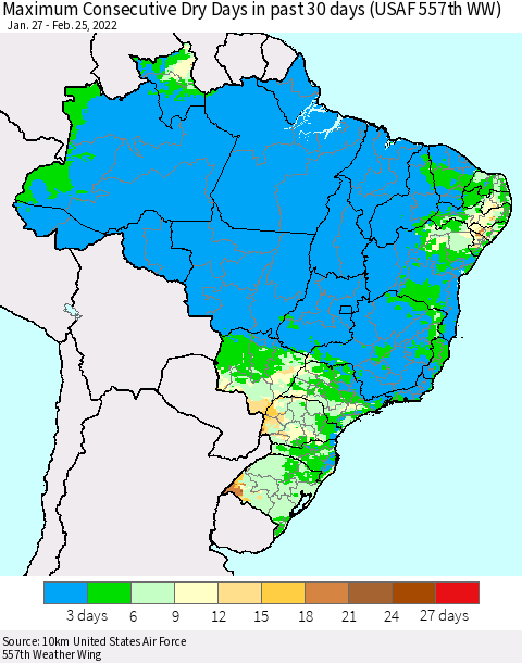 Brazil Maximum Consecutive Dry Days in past 30 days (USAF 557th WW) 02/25/2022 Thematic Map For 2/21/2022 - 2/25/2022