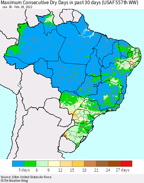 Brazil Maximum Consecutive Dry Days in past 30 days (USAF 557th WW) 02/28/2022 Thematic Map For 2/26/2022 - 2/28/2022