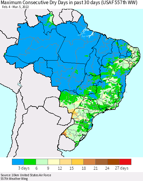 Brazil Maximum Consecutive Dry Days in past 30 days (USAF 557th WW) 03/05/2022 Thematic Map For 3/1/2022 - 3/5/2022