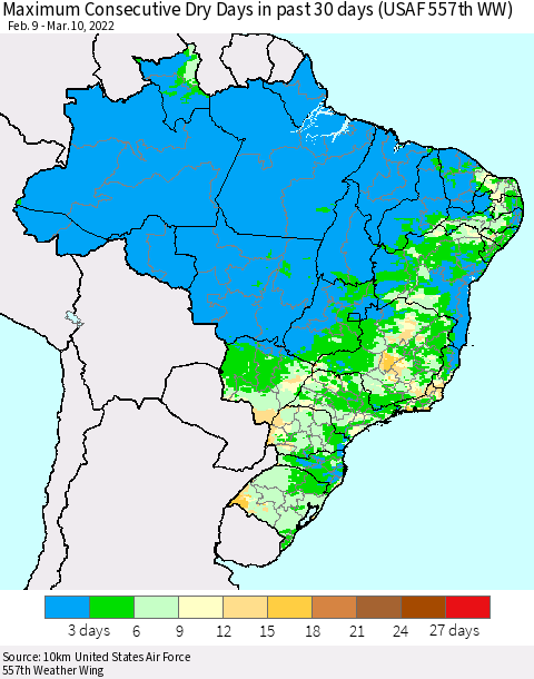 Brazil Maximum Consecutive Dry Days in past 30 days (USAF 557th WW) 03/10/2022 Thematic Map For 3/6/2022 - 3/10/2022