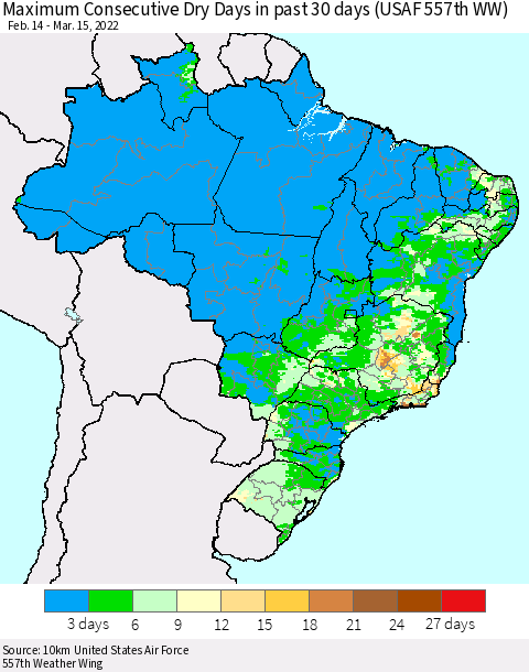 Brazil Maximum Consecutive Dry Days in past 30 days (USAF 557th WW) 03/15/2022 Thematic Map For 3/11/2022 - 3/15/2022