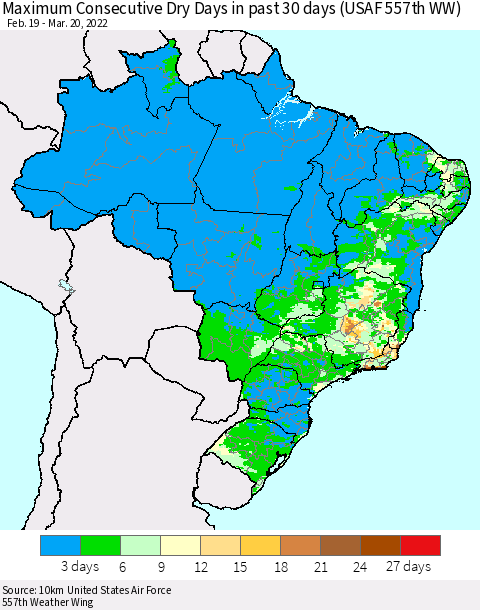 Brazil Maximum Consecutive Dry Days in past 30 days (USAF 557th WW) 03/20/2022 Thematic Map For 3/16/2022 - 3/20/2022