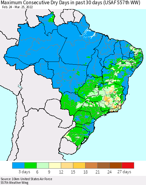 Brazil Maximum Consecutive Dry Days in past 30 days (USAF 557th WW) 03/25/2022 Thematic Map For 3/21/2022 - 3/25/2022