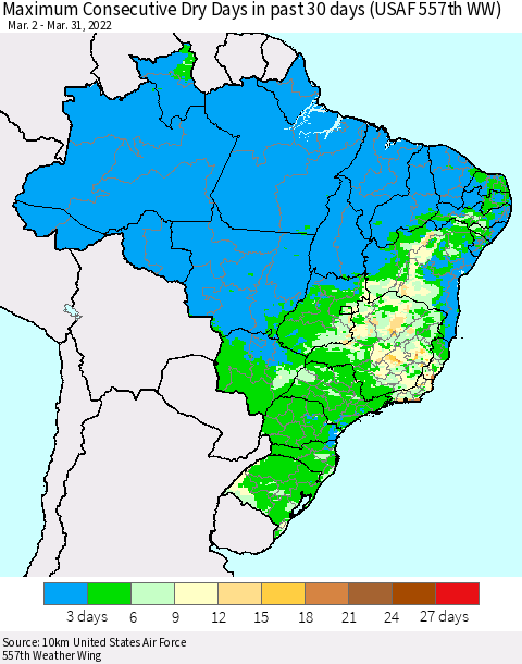 Brazil Maximum Consecutive Dry Days in past 30 days (USAF 557th WW) 03/31/2022 Thematic Map For 3/26/2022 - 3/31/2022