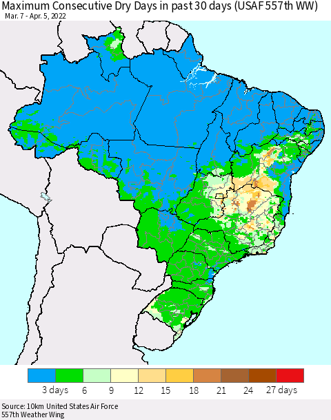 Brazil Maximum Consecutive Dry Days in past 30 days (USAF 557th WW) 04/05/2022 Thematic Map For 4/1/2022 - 4/5/2022