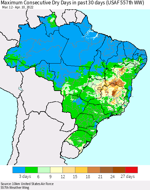 Brazil Maximum Consecutive Dry Days in past 30 days (USAF 557th WW) 04/10/2022 Thematic Map For 4/6/2022 - 4/10/2022