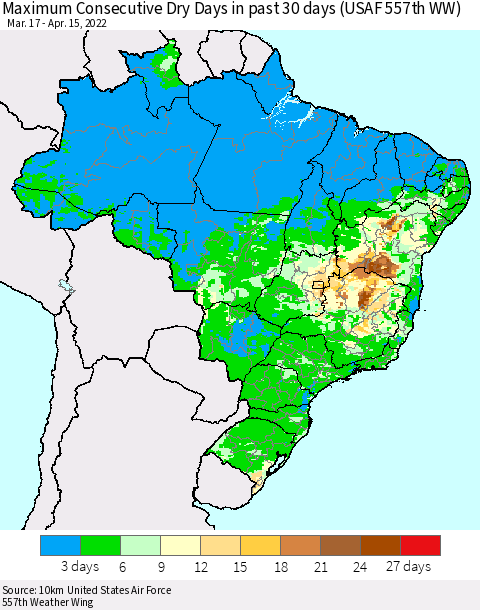 Brazil Maximum Consecutive Dry Days in past 30 days (USAF 557th WW) 04/15/2022 Thematic Map For 4/11/2022 - 4/15/2022