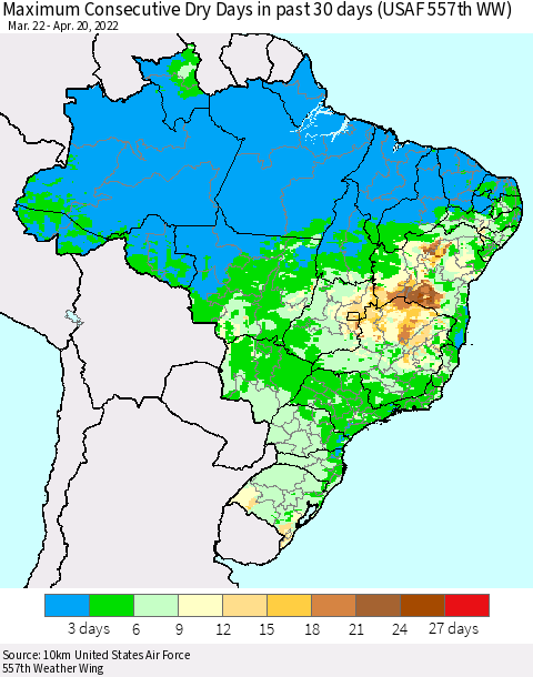 Brazil Maximum Consecutive Dry Days in past 30 days (USAF 557th WW) 04/20/2022 Thematic Map For 4/16/2022 - 4/20/2022