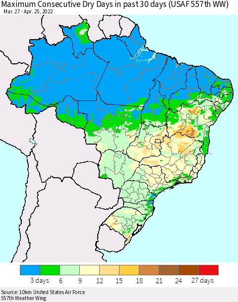 Brazil Maximum Consecutive Dry Days in past 30 days (USAF 557th WW) 04/25/2022 Thematic Map For 4/21/2022 - 4/25/2022