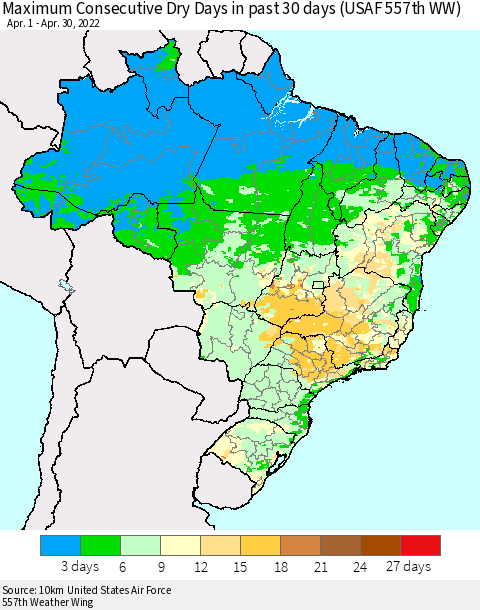 Brazil Maximum Consecutive Dry Days in past 30 days (USAF 557th WW) 04/30/2022 Thematic Map For 4/26/2022 - 4/30/2022