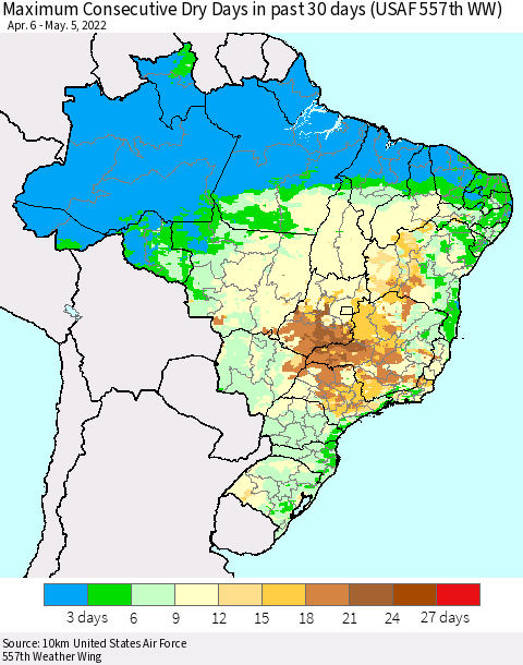 Brazil Maximum Consecutive Dry Days in past 30 days (USAF 557th WW) 05/05/2022 Thematic Map For 5/1/2022 - 5/5/2022