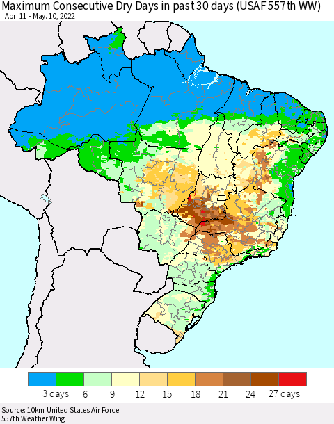 Brazil Maximum Consecutive Dry Days in past 30 days (USAF 557th WW) 05/10/2022 Thematic Map For 5/6/2022 - 5/10/2022