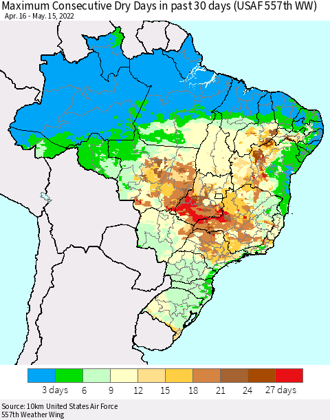 Brazil Maximum Consecutive Dry Days in past 30 days (USAF 557th WW) 05/15/2022 Thematic Map For 5/11/2022 - 5/15/2022