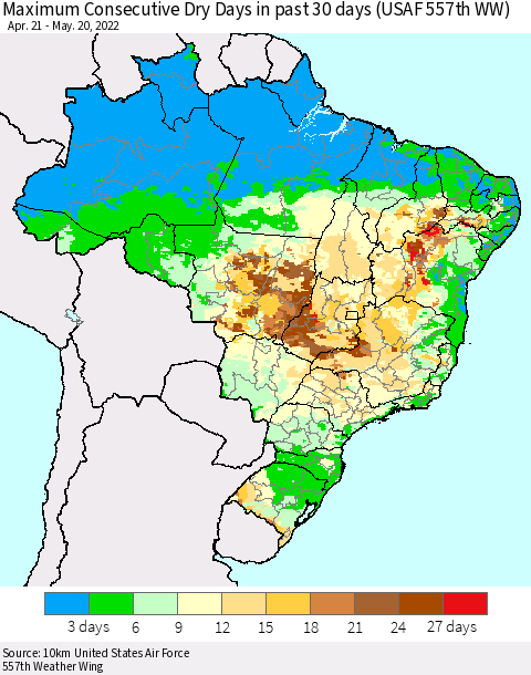 Brazil Maximum Consecutive Dry Days in past 30 days (USAF 557th WW) 05/20/2022 Thematic Map For 5/16/2022 - 5/20/2022